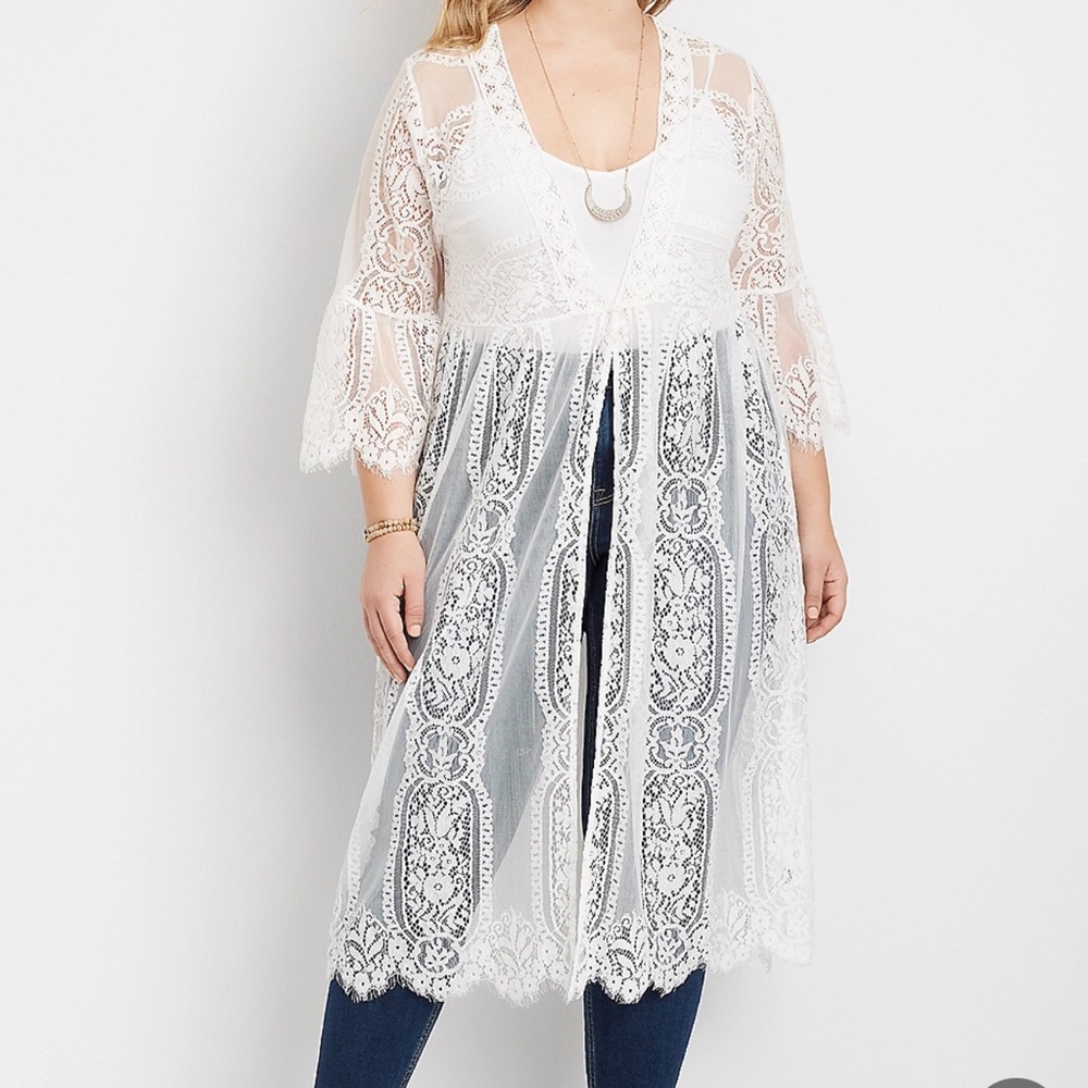 Plus size white lace duster kimono